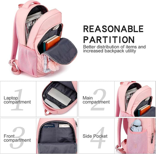 School Backpack for Teen Girls,15.6in Laptop Backpack Kids Bookbag for Middle School College Students,Cute School Bag for Women,Pink