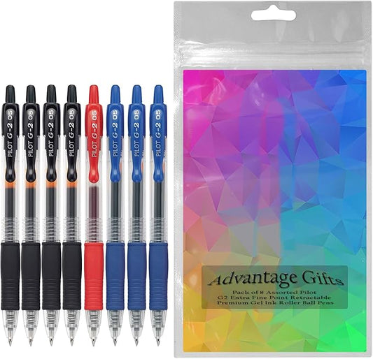 G2 Retractable Premium Gel Ink Roller Ball Pens Extra Fine Point (.5mm) Black/Blue/Red Ink 8 pack; Refillable & Premium Comfort Grip Bundle with Plastic Reusable Pouch