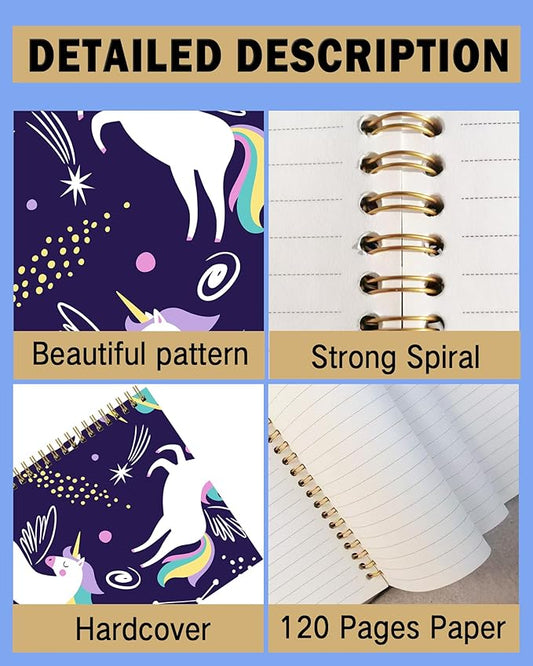 Spiral Notebook A5, Hardcover Journal for Women, 120 Pages Thick College Ruled Paper, Perfect for Office, School, or Home Use(Cute Unicorn)