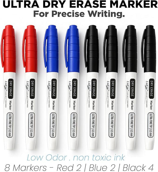 Ultra Fine Dry Erase Markers – 0.5mm Tip, 8 Pack – For Precise Writing in Tight Spaces – Whiteboard Markers for Planner, Calendar, Office, School – Low Odor