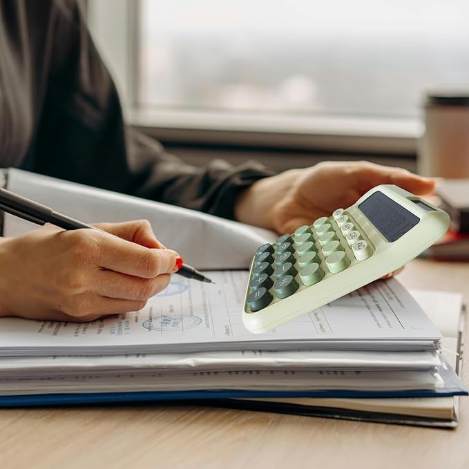 Desk Calculator, Merchanical Calculator Big Buttons,12 Digits Large LCD Display Calculator, Solar and Battery Dual Power, Battery Include, Cute Calculator for School,Office,Home,Business (Green)