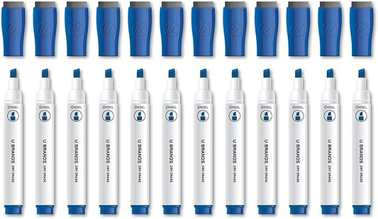 U Brands Fine Tip Dry Erase Markers with Eraser, Whiteboard Markers with Chisel tip, Low Odor, Blue, Set of 12