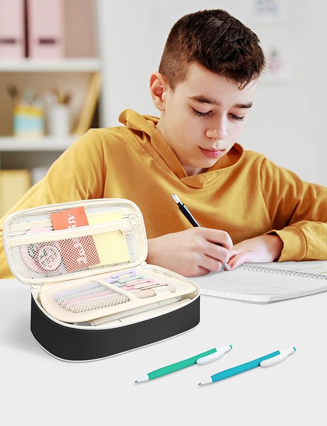 SUNEE Large Pencil Case, Cute Pen Pouch, Aesthetic Zipper Stationery Bag Large Capacity Kawaii Pen Organizer, Black, Bag Organiser