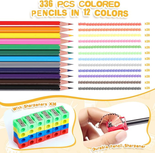 336 Packs Colored Pencils Bulk Classroom, Colored Pencils for Kids 12 Assorted Colors, Coloring Pencil Set Plus 36 Sharpeners, Pre-sharpened Color Pencils, Back to School Supplies Bulk for Teachers