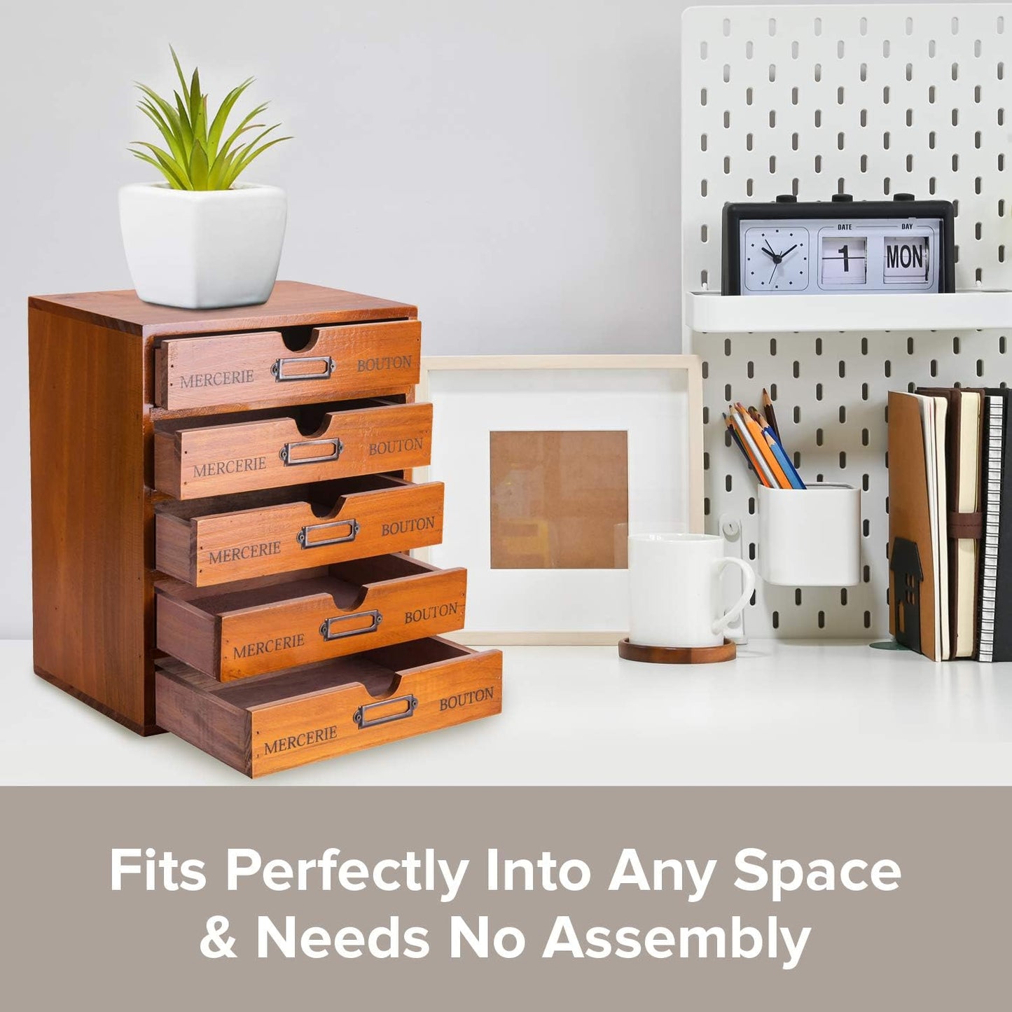 Vintage 5-Drawer Wooden Desk Organizer - Craft Storage Drawers - Rustic Shelf Drawer - Ideal Home Office Organizers and Accessories - Embroidery Floss - Apothecary Cabinet, Art Storage I Stackable