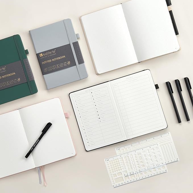 &And Per Se Bullet Dotted Journal Notebook, A5 Leather Hardcover, 176 Numbered Pages 100GSM Thick Dotted Paper, 2 Sheets of Stencils Included - 5.7'' x 8'' (Pink)