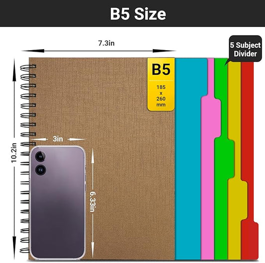 EUSOAR 5 Subject Spiral Notebook, 1pcs B5 7.3"x10.2" College Ruled Writing Pad, 100GSM 120Sheets/ 240Pages of Lined Paper, Thick Hardcover, for Traveling Students, Office and Business, Kraft