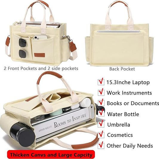 Tote Bag for Women With Compartments,Large Canvas Tote Women's Purse Crossbody Bags Work Laptop Book Bag Satchels Handbags