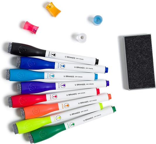 U Brands Fine Tip Dry Erase Markers with Eraser Set of 13, Includes 8 Whiteboard Markers, 4 Magnets and 1 Eraser
