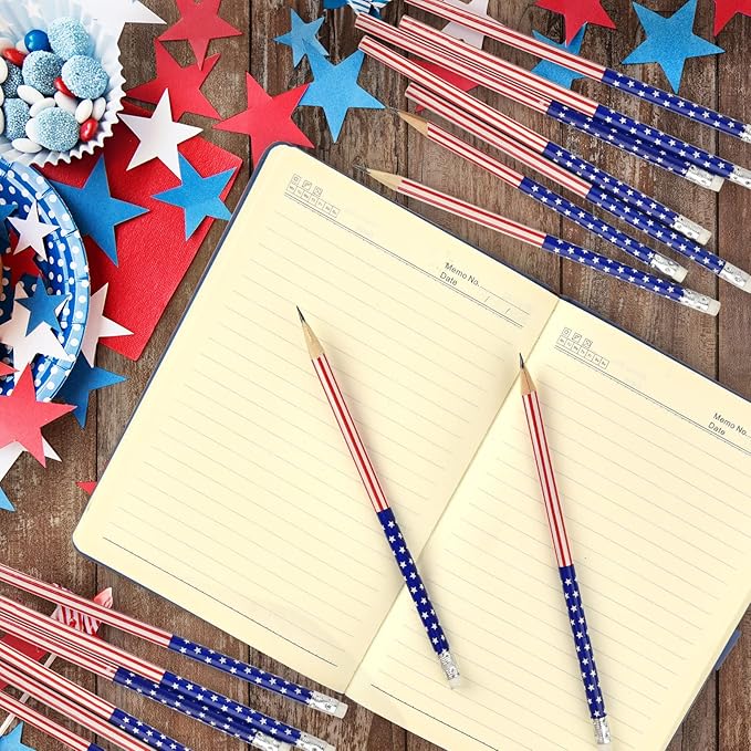 Zuazaor 200 Piece Student Cute Wooden Pencils in Bulk American Flag Pencils with Eraser Wood Graphite Pencil for Kids Girls Boys (American Independence Day)