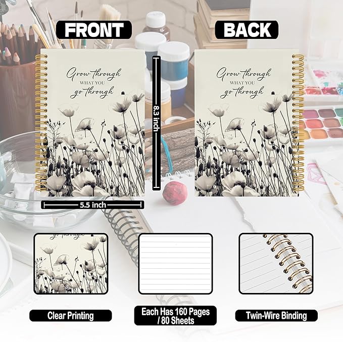 Inspirational Floral Spiral Notebook, Motivational Floral Journaling Notebooks for Note Taking, Rustic Wildflower Hardcover Journals for Women 160 Pages 5.5x8.3 Inch, Mental Health Gifts for Women