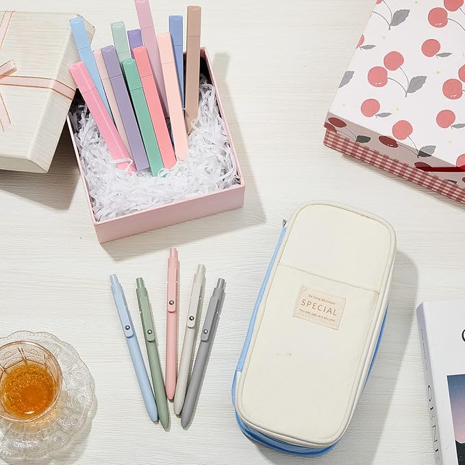 Henoyso 18 Set Aesthetic School Supplies Include Big Capacity Study Pen Bag with Zipper 12 Pcs Chisel Tip Bible Highlighters 5 Pcs Quick Dry Retractable Black Ink Pens for Student Office(Light Blue)