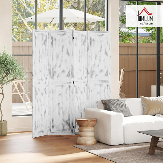 HOMCOM 5.5' Tall 4-Panel Room Divider and Folding Privacy Screen, Woodgrain Freestanding Privacy Divider, Partition Wall, Rustic White