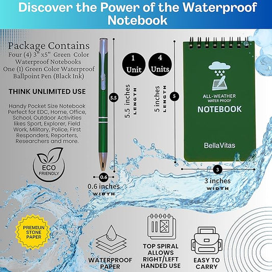Waterproof 3x5 Notebook Pocket Notebook Small Spiral Notebooks Pocket Notepad Small Notepad 3x5 Pocket Notepad Police Notepad Tactical Notebook and All-Weather pen 4 Pack Green