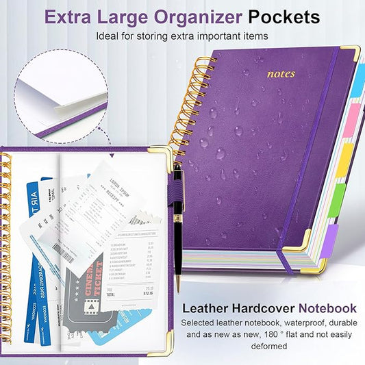 Hardcover Spiral Notebook 8"x10" Journal Notebook with Tabs and Removable Dividers 300 Pages 5 Subject Notebook College Ruled, Faux Leather Spiral Bound Notebook for Women, Students, School Work (Purple)