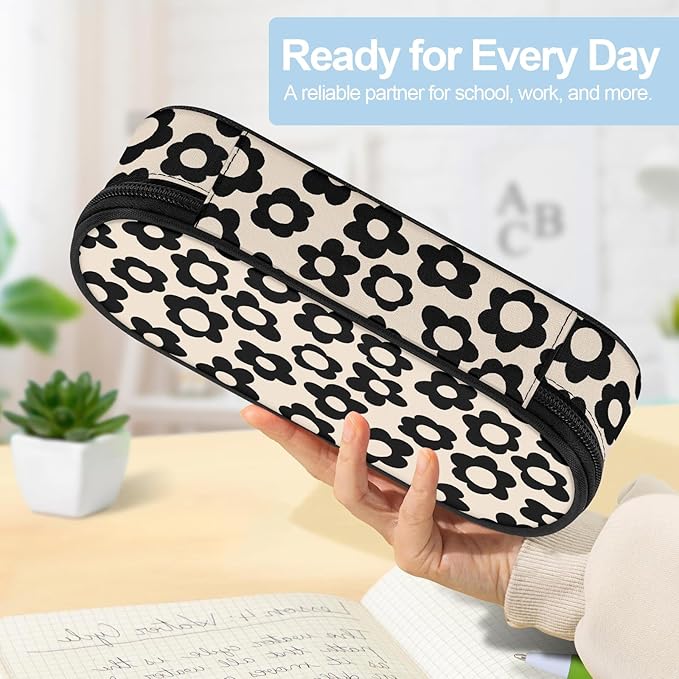 Beige with Black Flower Large Pencil Pouch Big Capacity Cute Pencil Case for Girls Boys Teen Women Men Adult,Portable Kids Pencil Bag with Zipper,Stationery Storage Pen Bag for School Office Organizer