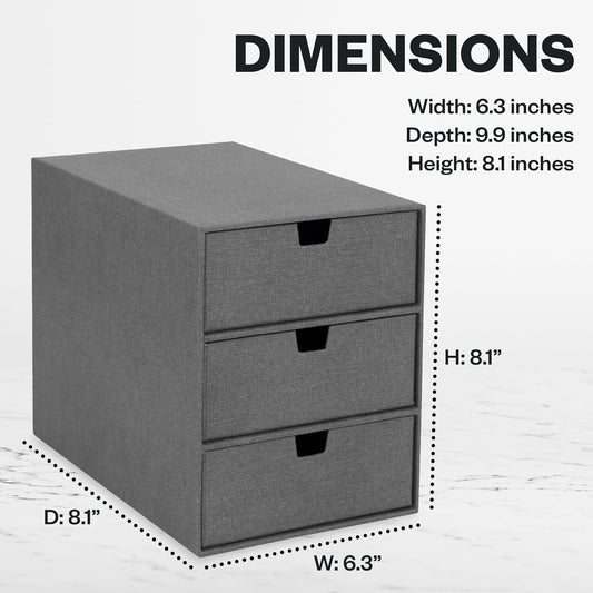 Bigso Box of Sweden Ingrid 3-Drawer Canvas Fiberboard Desk Organizer for Office Supplies and Accessories - Stackable Makeup Drawer Organizer - 6.3in x 9.9in x 8.1in - Grey