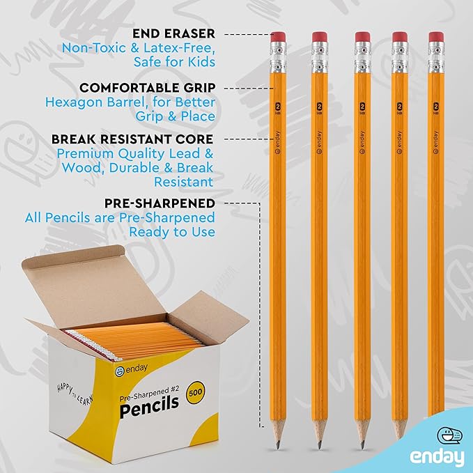 Enday #2 Pencils Bulk - 500 Pack - Pre-sharpened pencils #2 Wood-Cased Yellow Sharpened Pencils for Kids with Latex-Free Eraser Top for Office and Classroom Supplies.