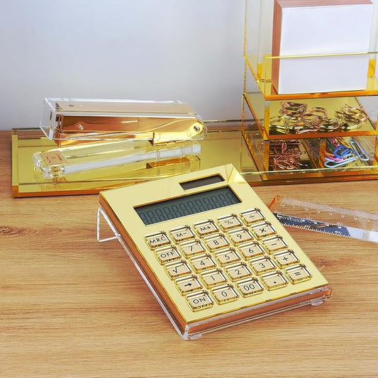Acrylic Calculator with Stand, Battery and Solar Hybrid Powered Basic Calculator 12-Digit LCD Display,Home Office Desktop Accessories(Gold)
