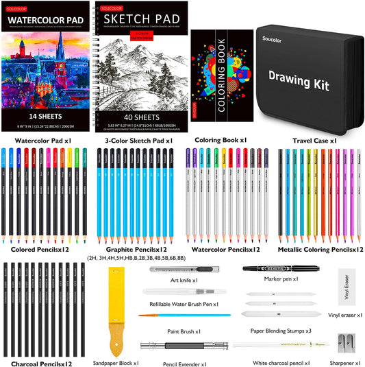 Soucolor 76 Pack Drawing Set Sketching Pencils Kit with 3-Color Sketch Book, Watercolor Pad, Coloring Book, Colored, Graphite, Charcoal, Watercolor, Metallic Pencils for Artists Adults Teens Beginner