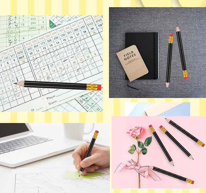 Adhere 50pcs Golf Pencils with Eraser Hexagon Wooden half Pencils Graphite 2B for Golf Event Scoring, Classroom, Wedding, Pew, Pocket | Free Pencil Sharpener (z-Black・Hexagon・50pcs)