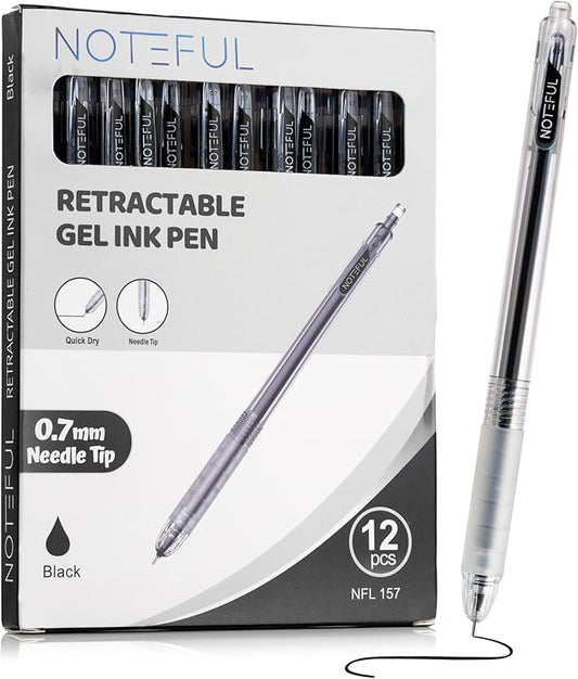Sleek Retractable Gel pens 0.7mm Needle Tip Pen for Journaling Note Taking, School Supplies, Office Supplies and Smooth Writing (Pack of 12) (Black, 1 Count (Pack of 12))