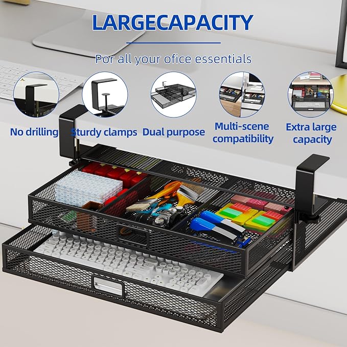 Under Desk Drawer Organizer No Drilling 2 Slide Out Drawer Under Table Storage Drawer Clamp On Under Desk Management Drawer Organizer Suitable for Home and Office
