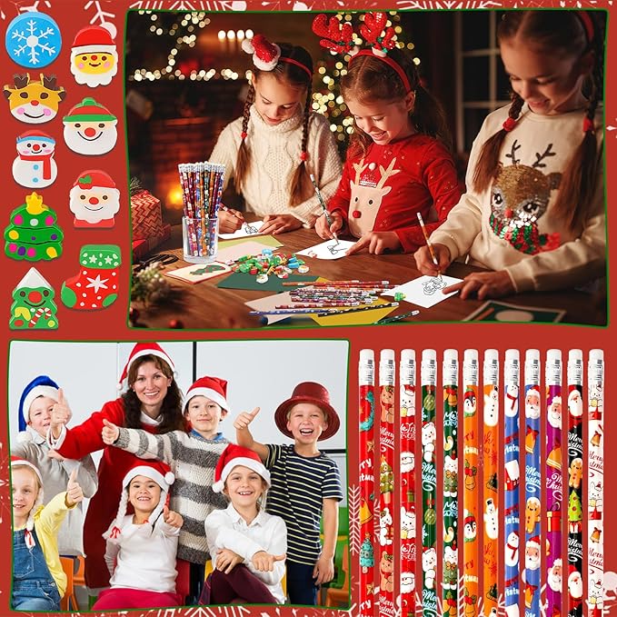 JULMELON 72PCS Christmas Party Favors Set, 36PCS Christmas Pencils with 36PCS Snowman Snowflake Santa Erasers, Pencils for Kids School Classroom Winter Holiday Party Reward Supplies