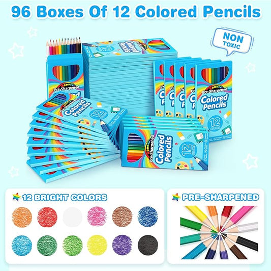 1152 Count Colored Pencils Bulk, 96 Pack Colored Pencils for Kids, Pre-sharpened Coloring Pencils in 12 Vibrant Colors, Bulk School Supplies for Teachers, Classroom Prizes, Drawing Art Supplies