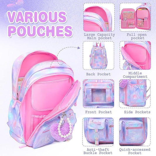 Sweet Girls Backpack - Stylish Splash-resistant School Bag with Multiple Pockets & Trendy Laptop Compartment(17inch Purple)