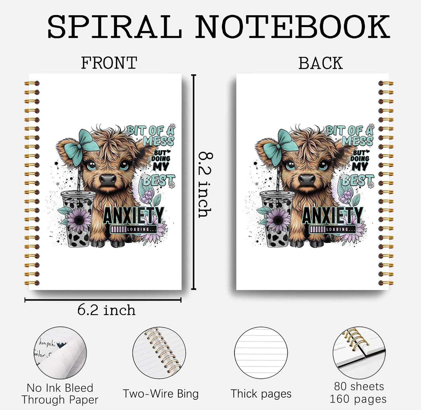 Bit of a Mess Anxiety Funny Highland Cow Notebook - Western Cow Notebook, Highland Cow Office Supplies, Highland Cow Gifts, Cow Lover Gifts, Cute Cow Stuff, Cow Spiral Notebook 5.5x8.3