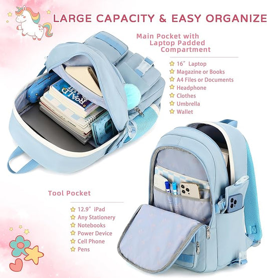 Girls Backpack,15.6 Inch Laptop School Bag Large Primary Elementary Middle College Bookbags Kids Backpacks for Teens Girls Women Students Anti Theft Travel Daypack (Blue)