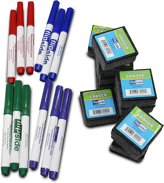 Flipside Products Mini Dry Erase Answer Paddles with Assorted Color Dry Erase Marker and Erasers, Auction, Handheld Whiteboard, Handle Response Board, 36 Pieces, Pack of 12