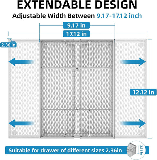 Marbrasse Expandable Desk Drawer Organizer, Mesh Tray with 10 Adjustable Compartments, Desk Organizers for Office Supplies, Makeup & Vanity (Expandable-Silver)