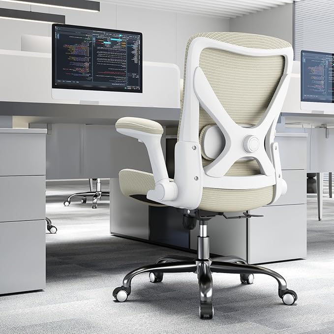 Home Office Ergonomic Chair-Computer PU Leather X-Shaped Desk Chair-Gaming Chair with Adjustable Flip-up Armrests Lumbar Support Mesh Executive Chair for Long Hours Office (Beige)