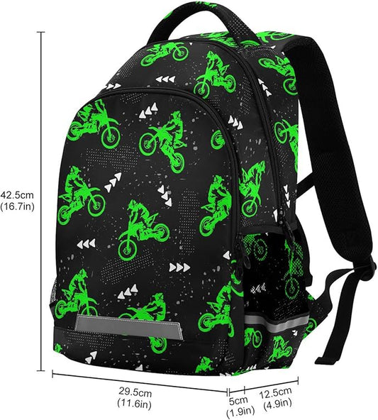 Green Motocross Backpack for Girls Kids Boys School Bookbags, Student Laptop Backpack Carrying Bag Casual Lightweight Travel Sports Day Packs