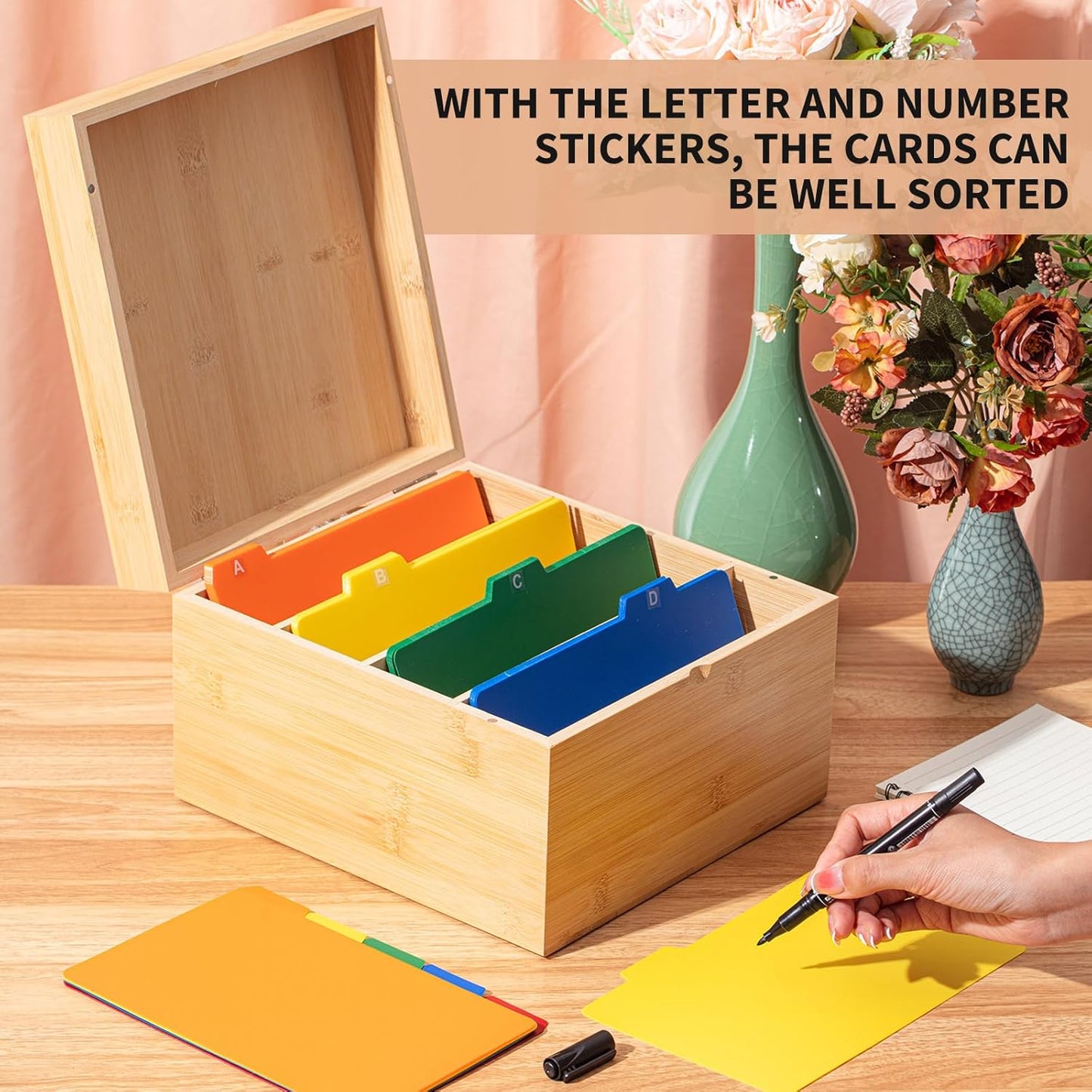 Henoyso 5 x 8 Inches Index Card Holder Set, Bamboo Recipe Box Organizer Index Cards Organizer, 50 Pcs Dividers 2 Sheets Alphabet Number Stickers File Note Holders for Office Business Home Kitchen