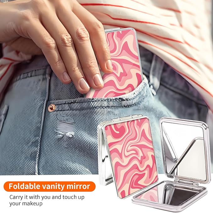 Compact Pocket Mirror, Cute Travel Mini Mirror with Magnification, Foldable Double-Sided Portable Cosmetic Mirror for Men, Women Pink Swirl Wavy