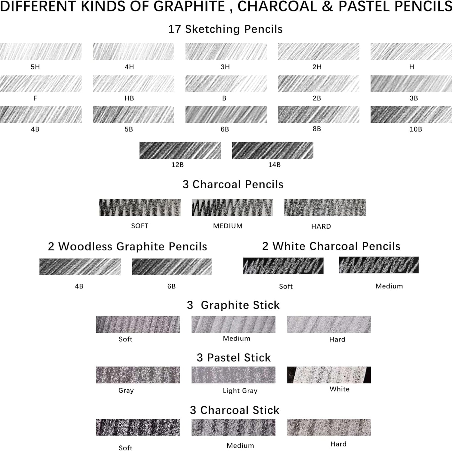KALOUR 52-Pack Sketch Drawing Pencils Kit with Two Sketchbook,Tin Box,Include Graphite,Charcoal and Artists Tools,Pro Art Drawing Supplies for Adults Beginner Kids