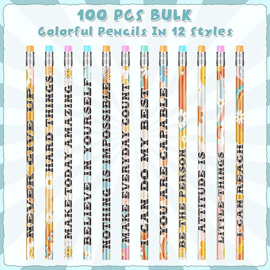 100 Pcs Retro Motivational Pencils Bulk, Inspirational School Pencils for Classroom, Cute Wood Pencils with Encourage Positive Saying, Back to School Supplies for Kids Student Teacher Classroom Reward
