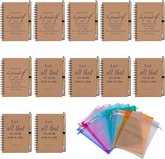 Christian/Encouragement Notebook and Pen Set with Bible Verses,12 Pack Spiral Notebook with Bible Verse Pens and Gift Bags, Prayer Journal, Church Notes,Bible Study Supplies for Church Members
