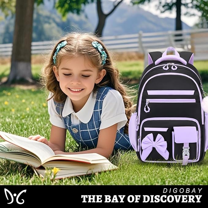 Backpack for Girls, 3PCS Girls Backpack for School with Lunch Bag Pencil Case, Cute Kids Teens Bookbag for Kindergarten Elementary Preschool Middle School (Black-Purple)