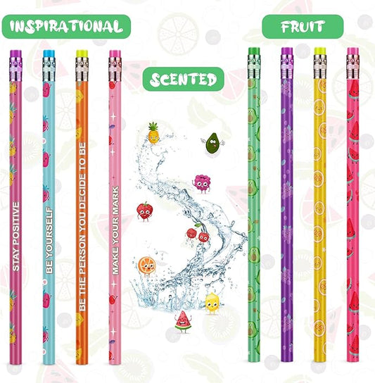 Leinuosen 96 Pieces Smelly Pencils for Kids Scented Cute Fruit Summer Colorful Inspirational Motivational Pencils with Eraser Bulk for Kids Students School Classroom Party Gifts Rewards, 8 Styles