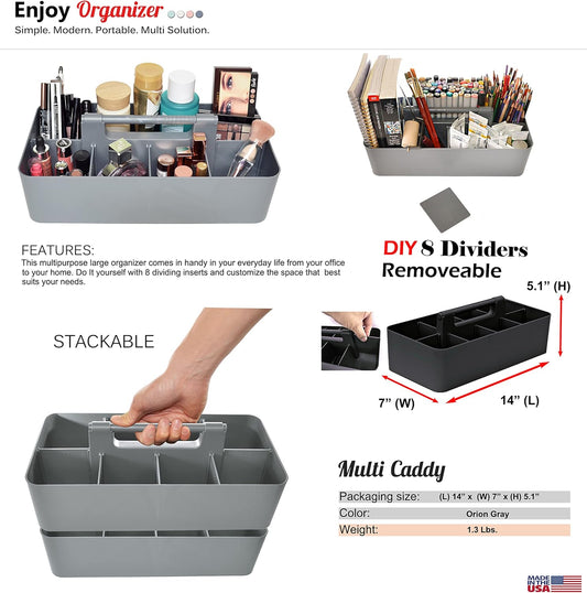 -Large Portable Caddy, DIY Dividers, 8 Compartments, School Office Supplies Home Business Organizer,Portable Basket with Handle Storage Made in USA (3 PACK, Orion Gray)