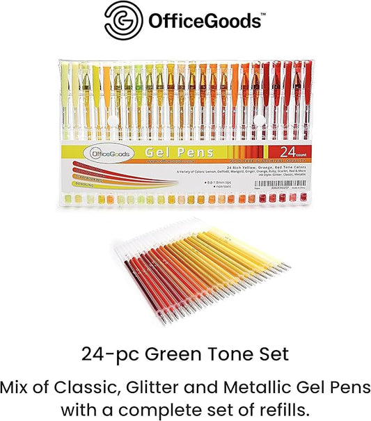 OfficeGoods Yellow Orange Red Gel Pens with Refills – Neon Journaling Art – Medium 0.8-1.0mm Tips – Non-Toxic Gel Pens Set – Quick Dry Smudge-Free 24 Pack Colors
