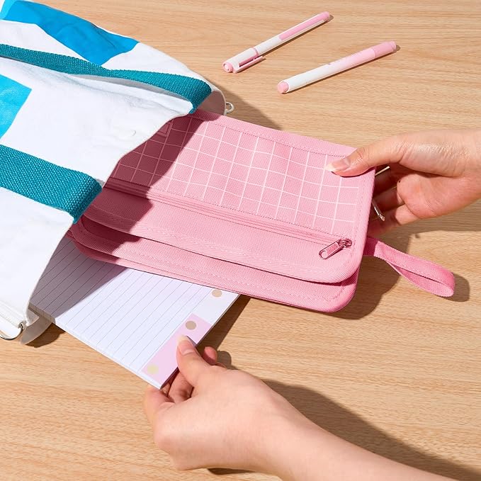 Sooez Large Pencil Case, Big Capacity Pencil Pouch Pen Bag with 3 Compartment, Portable Canvas Stationery Organizer with Zipper, Cute Aesthetic School Supplies for Teen Girls College, Pink with Plaid