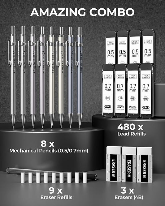 Four Candies 8PCS Metal Mechanical Pencils - 0.5 & 0.7mm with 8 Tubes HB #2 Lead Refills, Eraser Set and Eraser Refills, 20-Count Pack with Case, Lead Pencils Mechanical for Writing, Drawing, Drafting