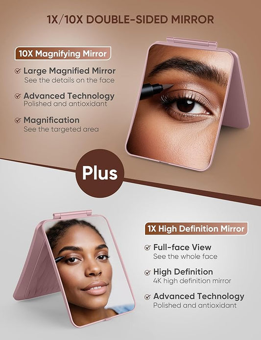 Travel Makeup Mirror with 1X/10X Magnifying, Portable Folding Make Up Tabletop Mirror for Office, Compact Vanity Mirror for Travel (Rose Pink, No LED Lights)