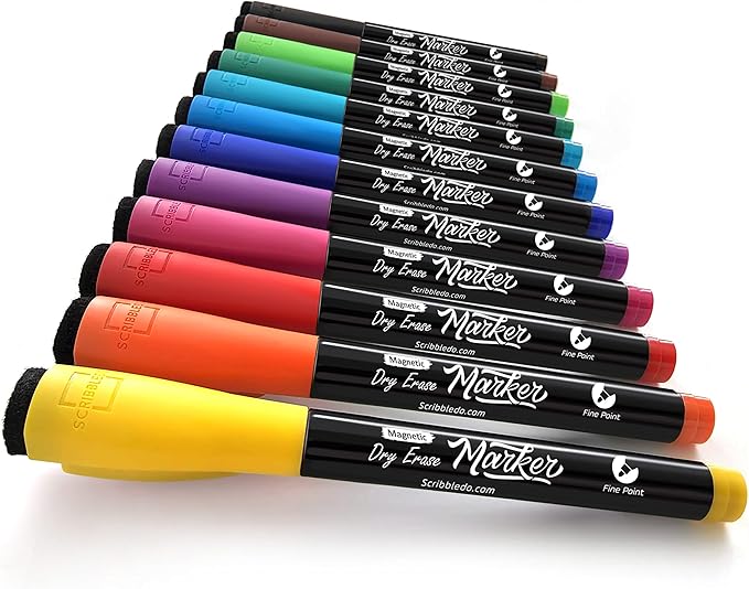 Scribbledo Magnetic Dry Erase Markers, Fine Tip, Assorted Colors, Low Odor, with Eraser Cap, Thin Whiteboard Markers for Adults, Students, Teachers, Kids (12 Pack)