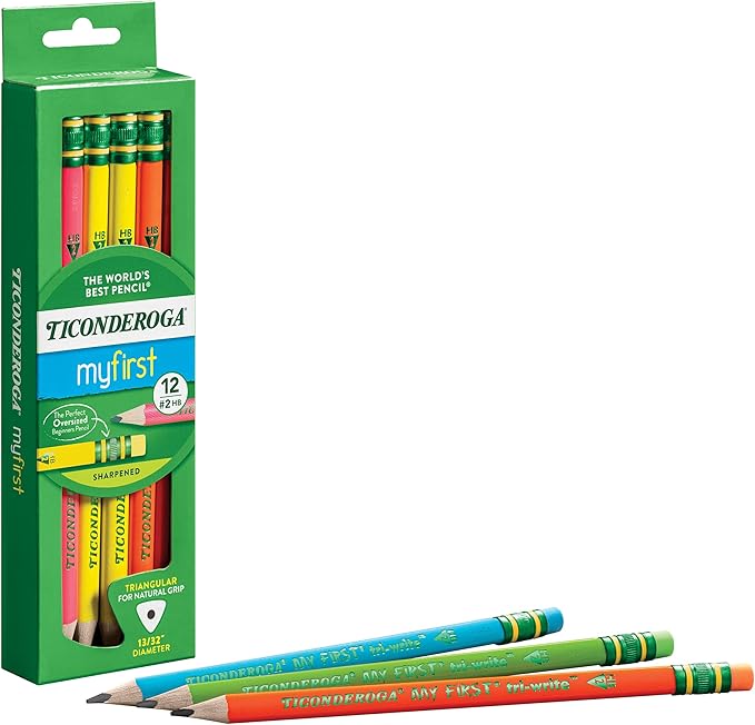 Ticonderoga My First Tri-Write Wood-Cased Pencils, Pre-Sharpened, 2 HB, With Erasers, Neon Colors, 12 Count